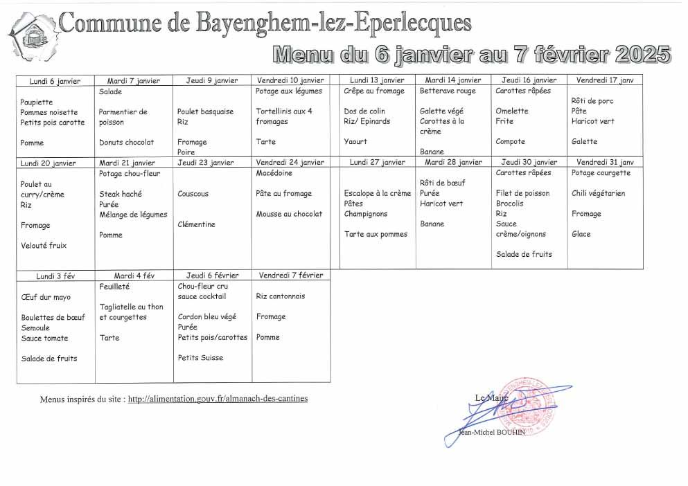 Menus du 6 janvier au 7 fevrier